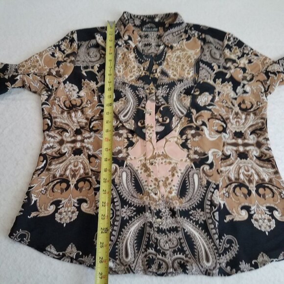 7th Avenue Paisley Blouse LARGE Black Brown Tan Pink Ruffle Button Front V Neck  - Picture 4 of 15